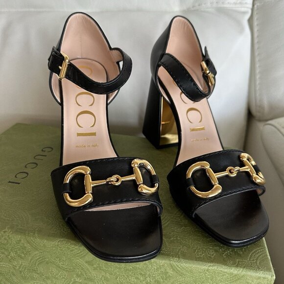 NEW GUCCI JUMBO HEELS HORSEBIT BLACK LEATHER GOLD SZ 38.5 Sandals Shoes - Picture 8 of 13